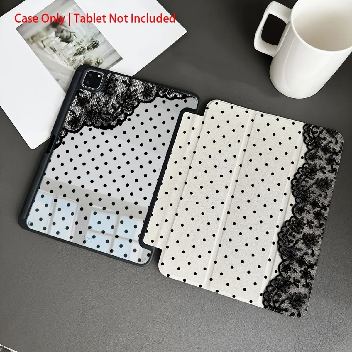 Black lace-trimmed iPad case, PU leather cover, transparent back, pen holder, suitable for iPad Air, iPad Pro, iPad A16/10, children's and girls' tablet protective case