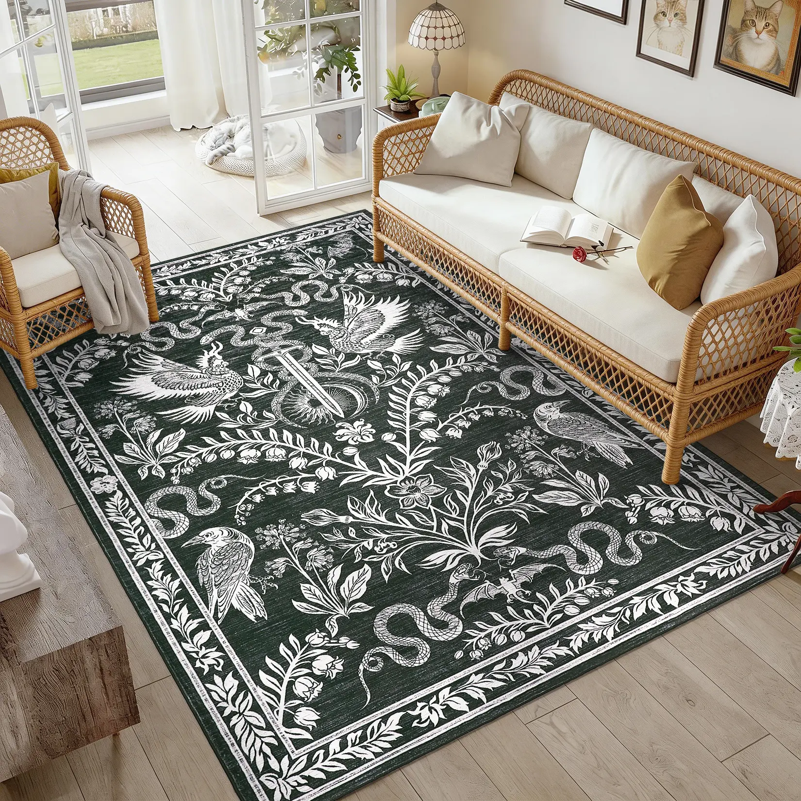 Gothic Style Area Rug for Living Room Bedroom, Vintage Low Pile Non-Slip Carpet with Sword Serpent and Bird Pattern for Hallway Home Decor Rug