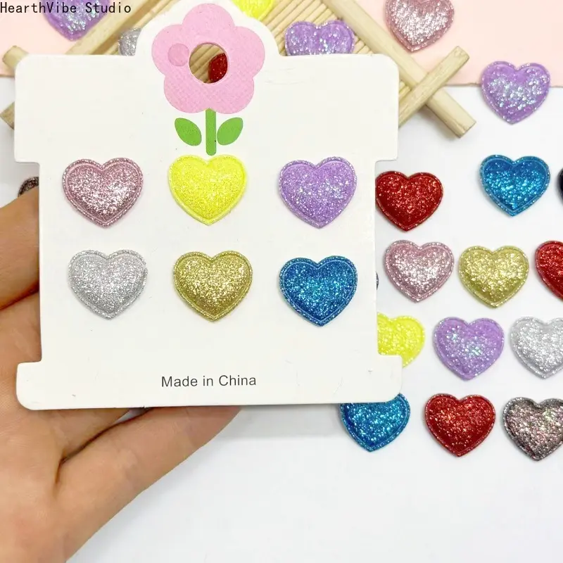 Glitter Heart Padded Appliques, Colorful Fabric Shiny Love Patches for Hair Clips Bows Craft Supplies, 1.5 Inch Puffy Sew on Embellishments, DIY Hat Clothes Sewing Accessories