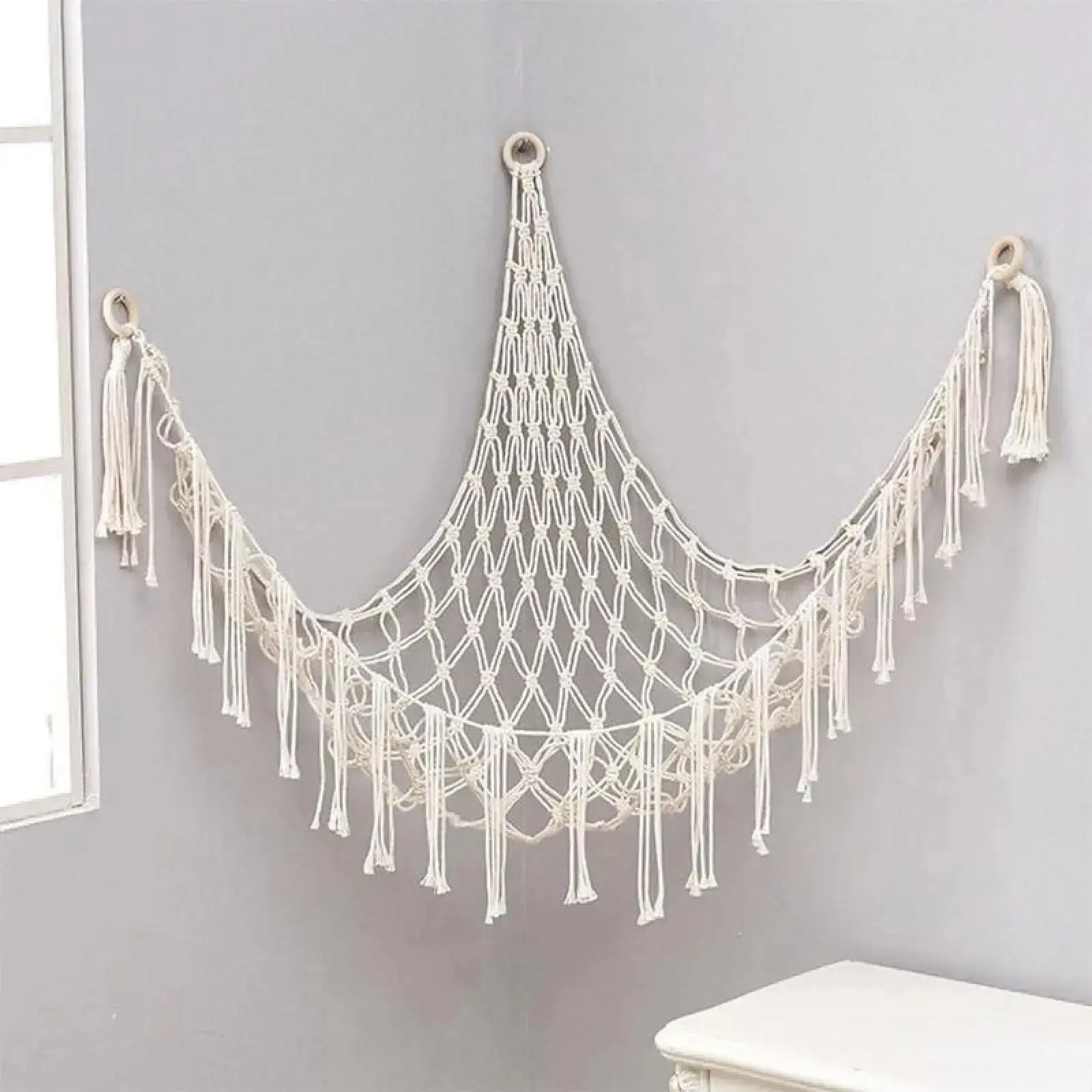 Handwoven Boho Cotton Rope Stuffed Animal Corner Hammock, 60-Inch Toy Organizer, Wall Hanging Decor for Bedroom & Nursery (Bag Accessory)