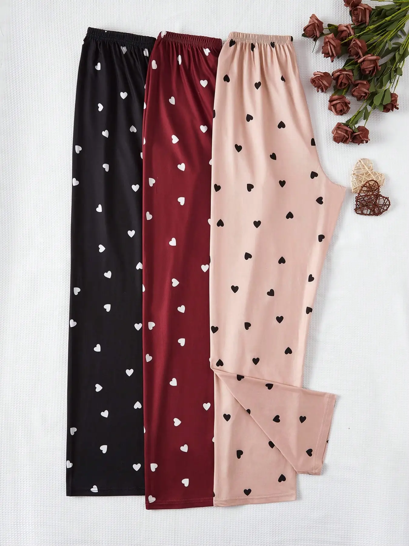 3 Pack Heart Print Women's Loose Pjs Pajama Pants, Soft Skin-Friendly Elastic Waist Wide Leg Pants, Casual Home Wear Sleep Trousers Loungewear Nightwear Bottoms Can Be Worn Outside, Nightwear Sleepwear Homewear
