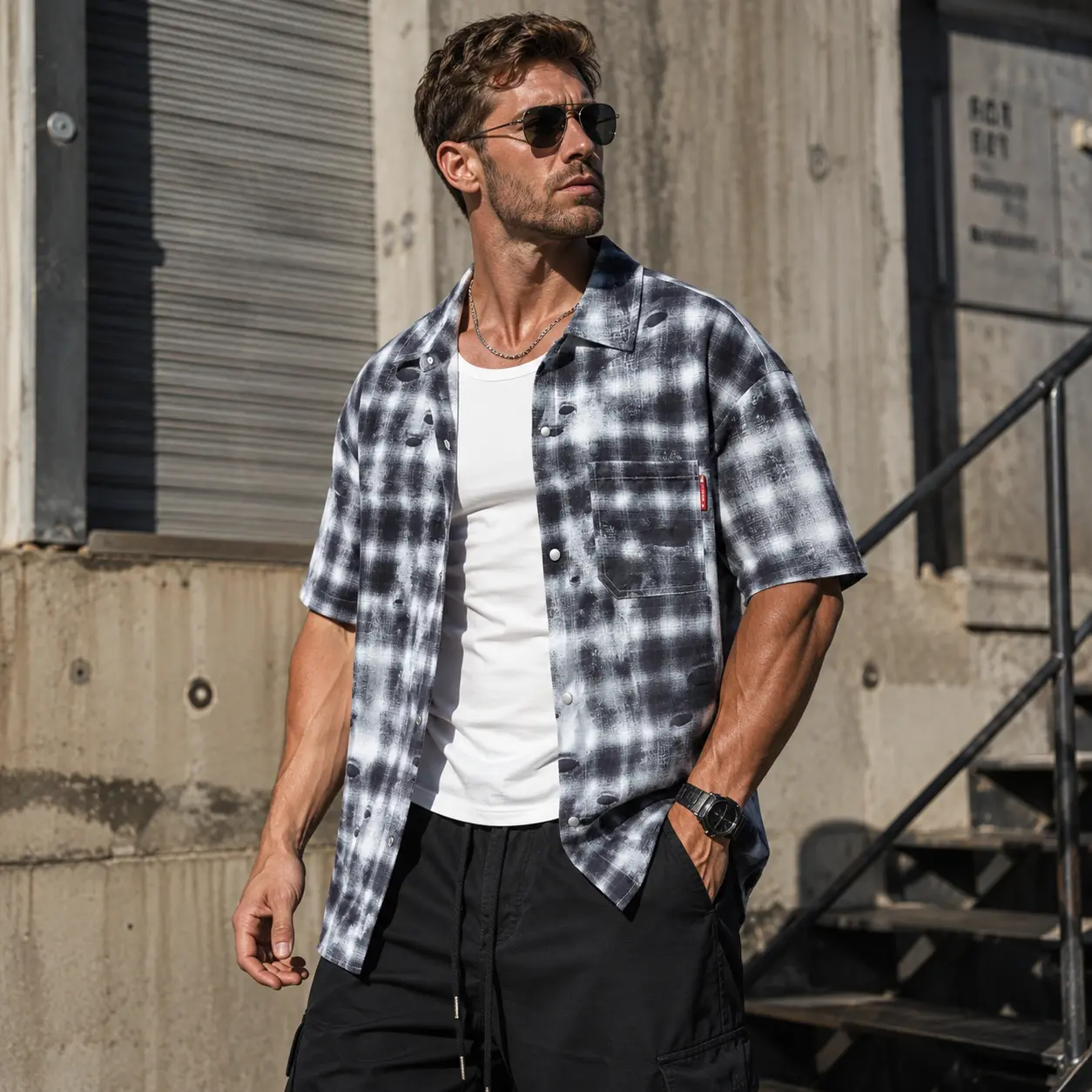 Men's Plaid Shirt Short Sleeve Distressed Acid Wash Vintage Button Down Flannel Gingham Check Blouse Ripped Holes Y2K Grunge Streetwear Oversized Drop Shoulder Casual Pocket Faded Black White Grey Male Fashion Clothing Apparel Tops cozy soft cool 3-Colors