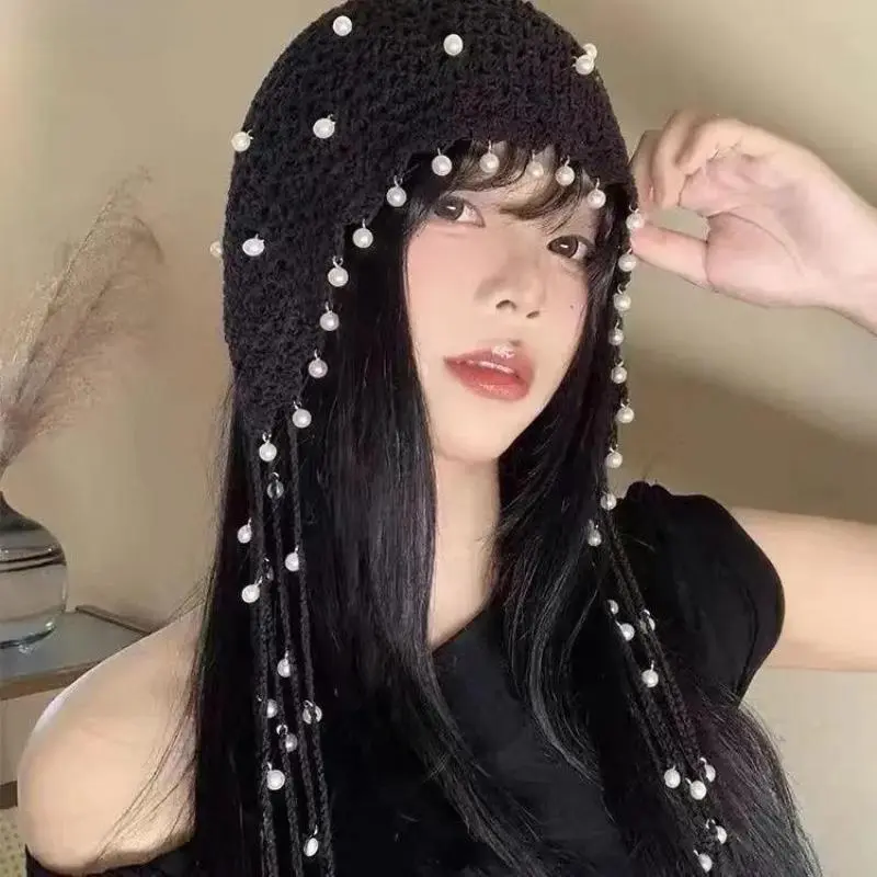 Women's Boho Knitted Cap - Ethnic Geometric Hollow-Out Cotton Blend Sun Hat with Delicate Pearl Chains, Handmade Lightweight Festival Wear for Beach Vacation Daily Casual Use, Lightweight Airflow, Beach Festival Wear