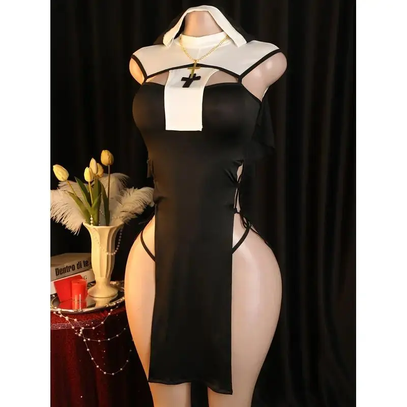 Halloween Cosplay Church Nun Clothes Set with Accessories, Includes Skirt, Veil, Necklace, and Underwear