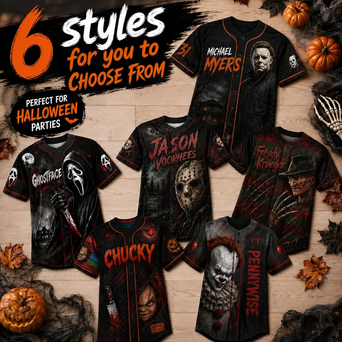 Horror Slasher Baseball Jersey, Classic Horror Movie Characters Shirt, Spooky Squad Halloween Uniform, Halloween party costumes, Halloween Gifts