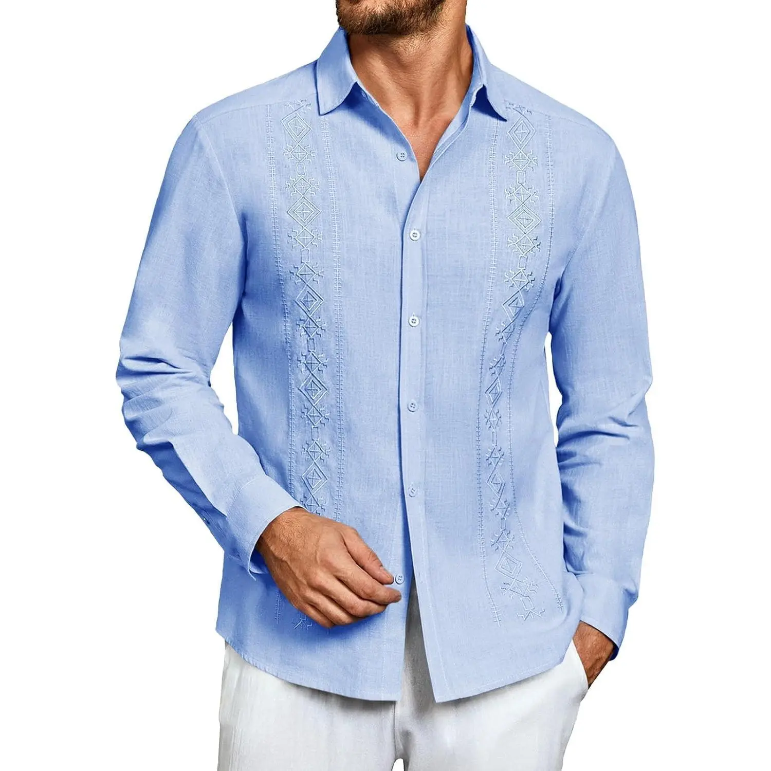 Runcati Menswear Men's Embroidered Geometric Cuban Guayabera Shirt - Button-Down Cotton-Linen Longsleeves Casual Top for Outdoor Summer Beach Use