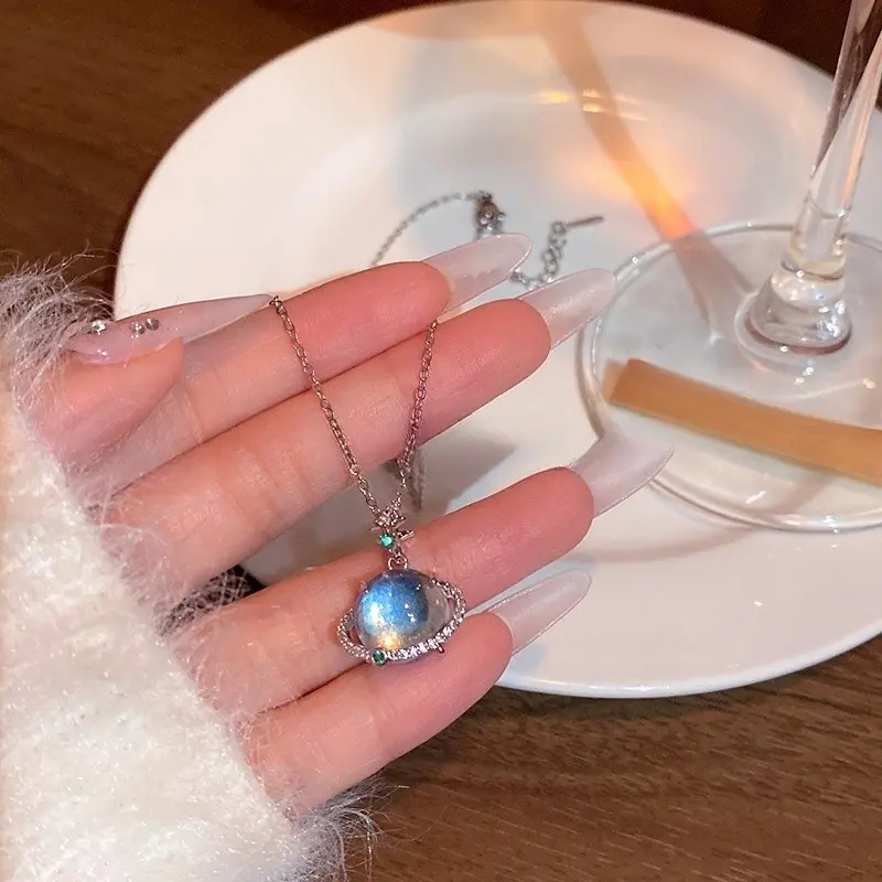 Blue Planet Moonstone Crystal Pendant Necklace - Outer Space Starry Charm Clavicle Chain, Elegant Trendy Everyday Wear Fashion Jewelry, Birthday Gift For Her, Charm Pendant
