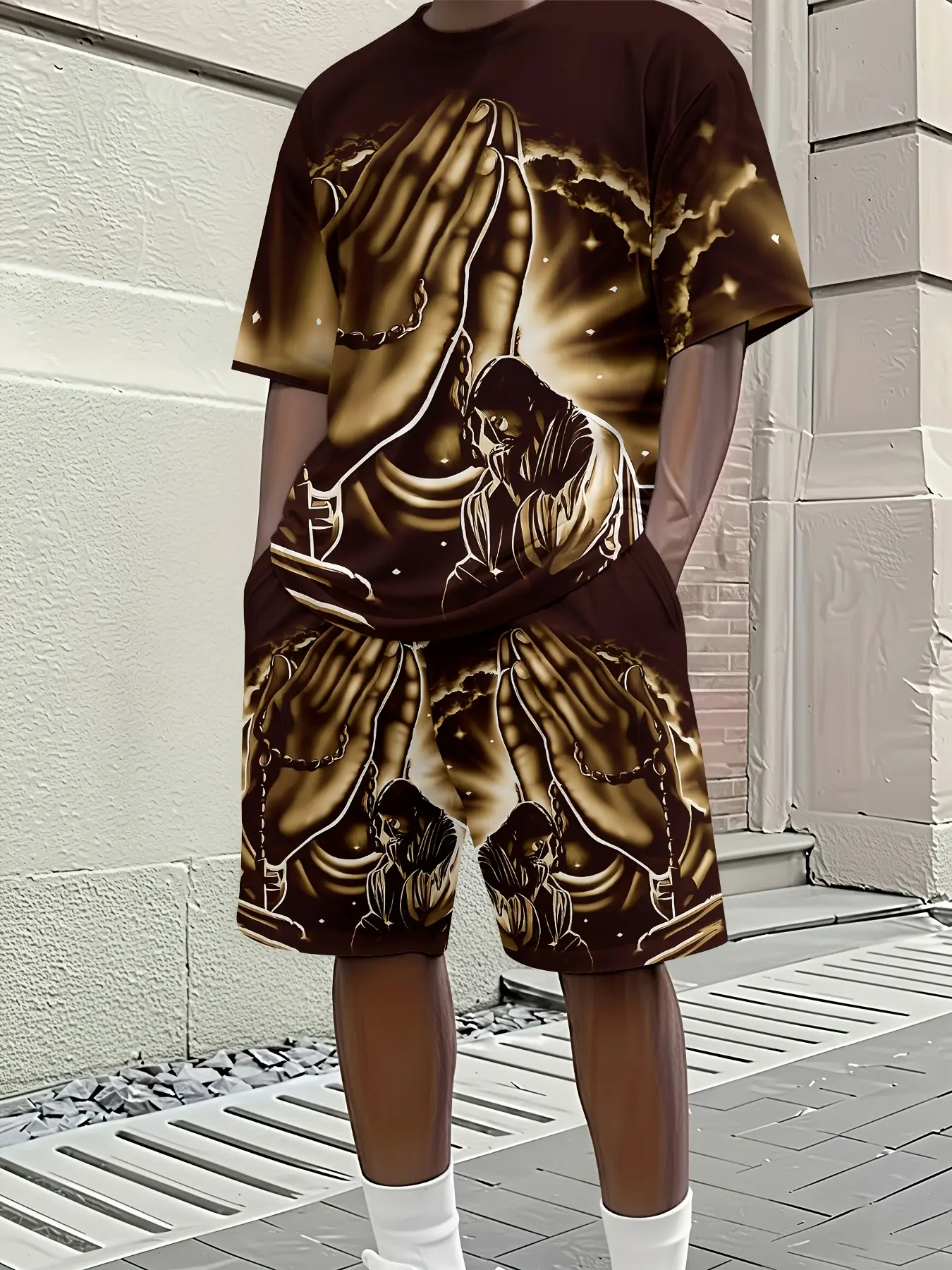 Men Praying Hands Jesus Rosary 3D All Over Print 2 Piece Outfit Short Sleeve T-Shirt Drawstring Shorts Faith Streetwear Matching Tracksuit Set
