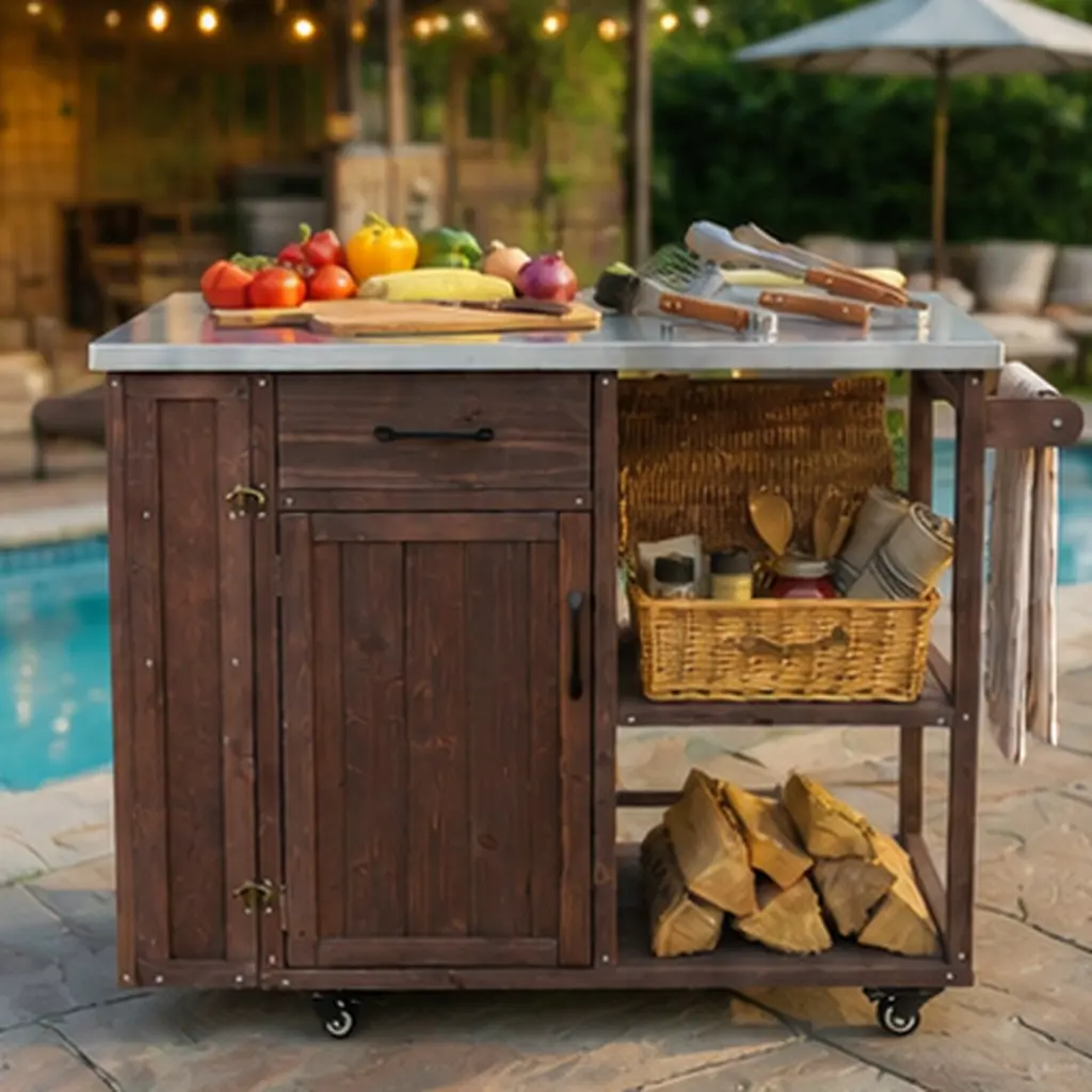 American Natural Grain ARCH Outdoor Kitchen Island - Wood+Steel (Fir Wood + Stainless Steel Top) Single Unit Prep Station, Lockable Cart with Storage Cabinet, Drawer, Towel Rack, Spice Rack, Wheels for Patio Campfire/BBQ Party (Dark Brown)