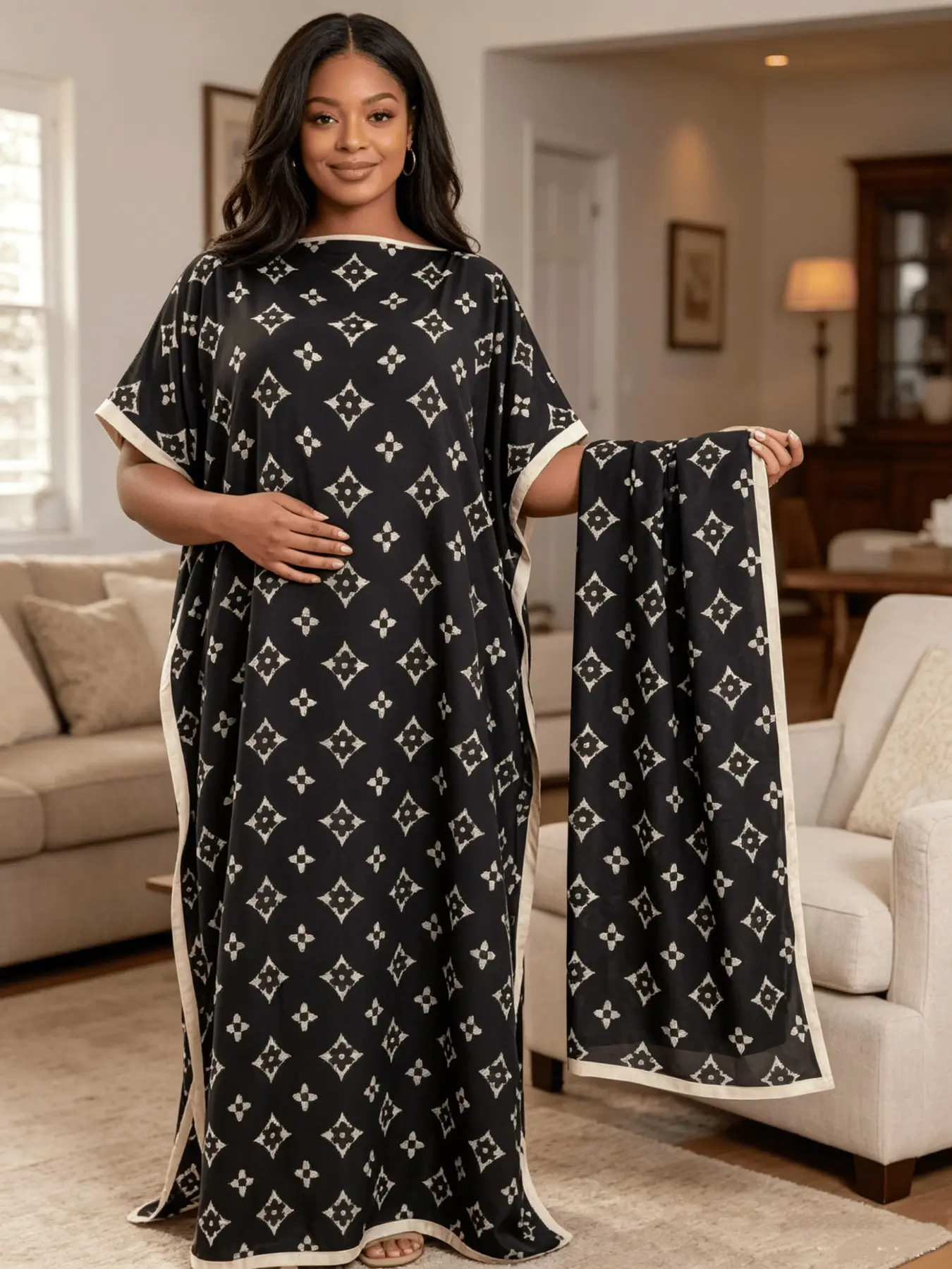 Base Cream Four-Leaf Clover Print Kaftan Set, Split Hem Maxi Robe, Soft Casual Loungewear, Beach Night Dress, Fits Curvy Figures