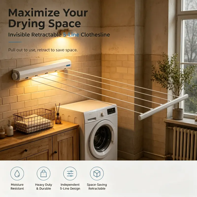5 Independent Pull Rod Retractable Wall Clothesline, Maximizes Indoor Drying Space Without Outdoor Balcony, Great for Urban High-Rise Household Wet Clothing Drying