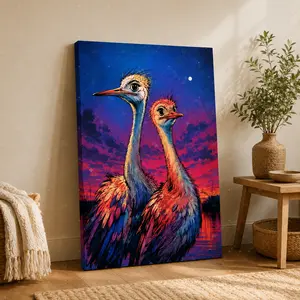 Vibrant Sunset Cranes Vertical Canvas Wall Art, Colorful Nature Poster, Home Decor for Living Room Bedroom Entryway, Available as Unframed Canvas Poster or Framed Canvas Wrap