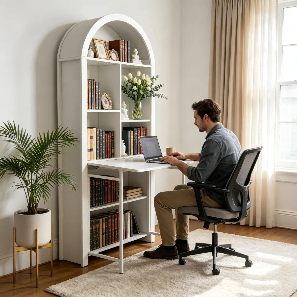 Folding Craft Desk with Storage Shelves, Convertible Hideaway Desk to Bookshelf, Foldable Desk with Storage, Disappearing Desk for Small Spaces, Multifunctional Converted Craft Table, Vanity Desk