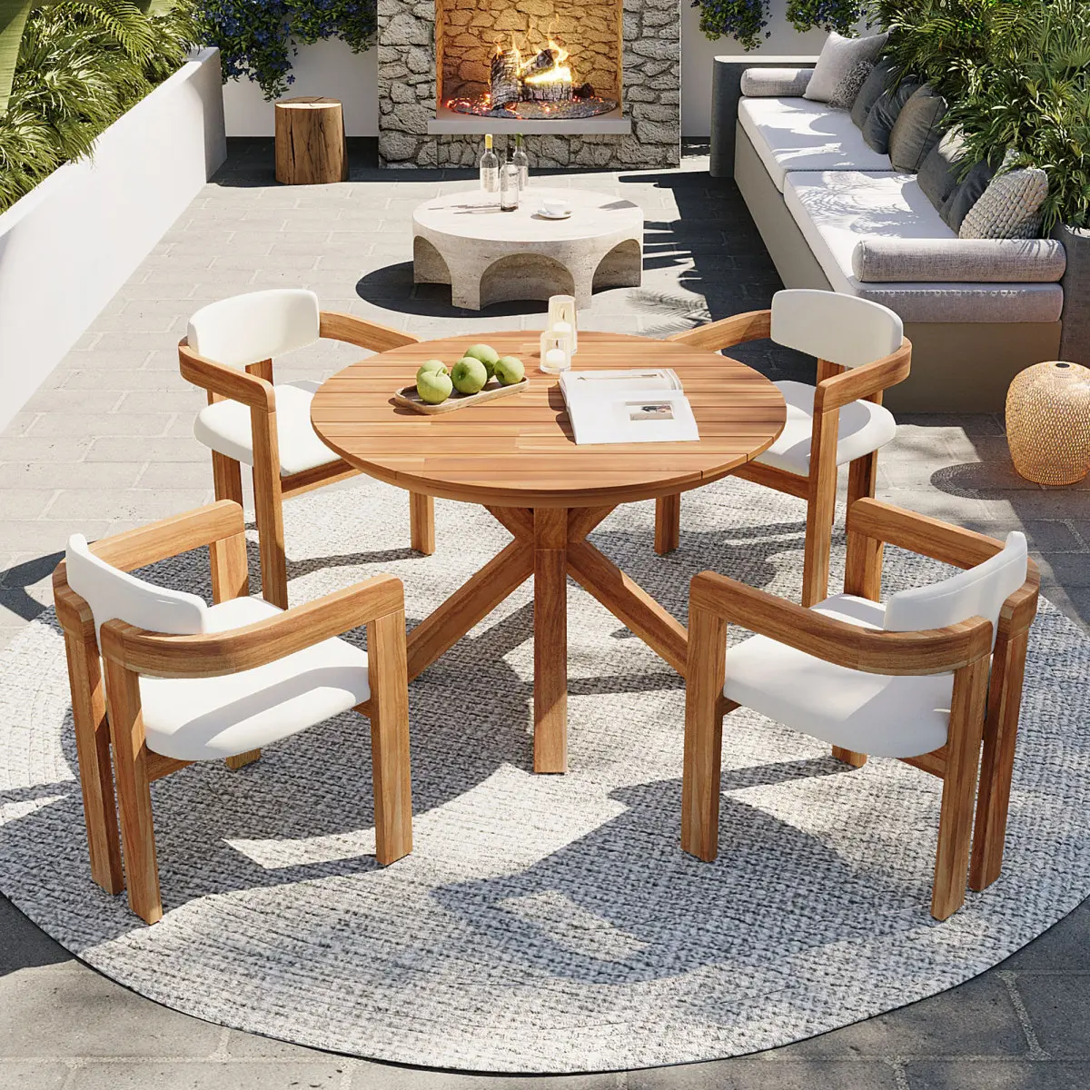 [Bellemave] 5-Piece Outdoor Acacia Wood Round Dining Set, Solid Wood Patio Table with 4 Barrel Chairs, Cushioned Seats & Backs, Modern Garden Conversation Set