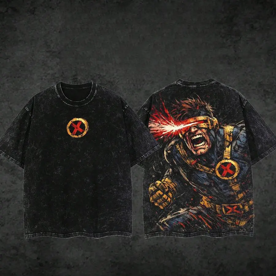 Mutant Hero Laser Eye Graphic T Shirt Acid Washed Double Sided Print Oversized Cotton Retro Comic Streetwear Casual Top Gift For Vintage Comic Book Fans