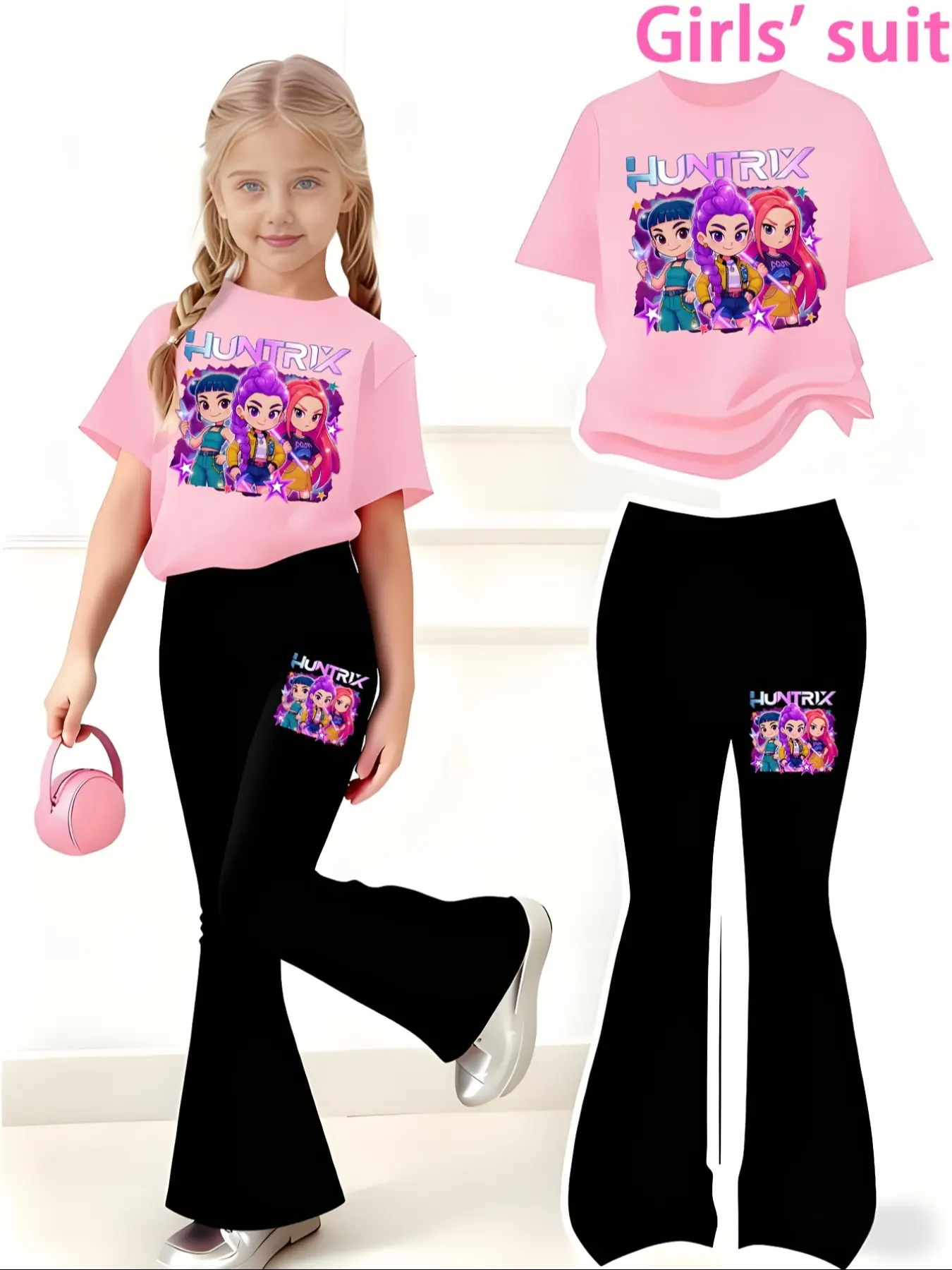 Girls' Kpop Print 2-Piece Set, Summer Outfits Set, Fashion Set, Casual Sporty Short Sleeve & Bell Bottoms, Comfortable Elastic Waist Pants, Spring Summer