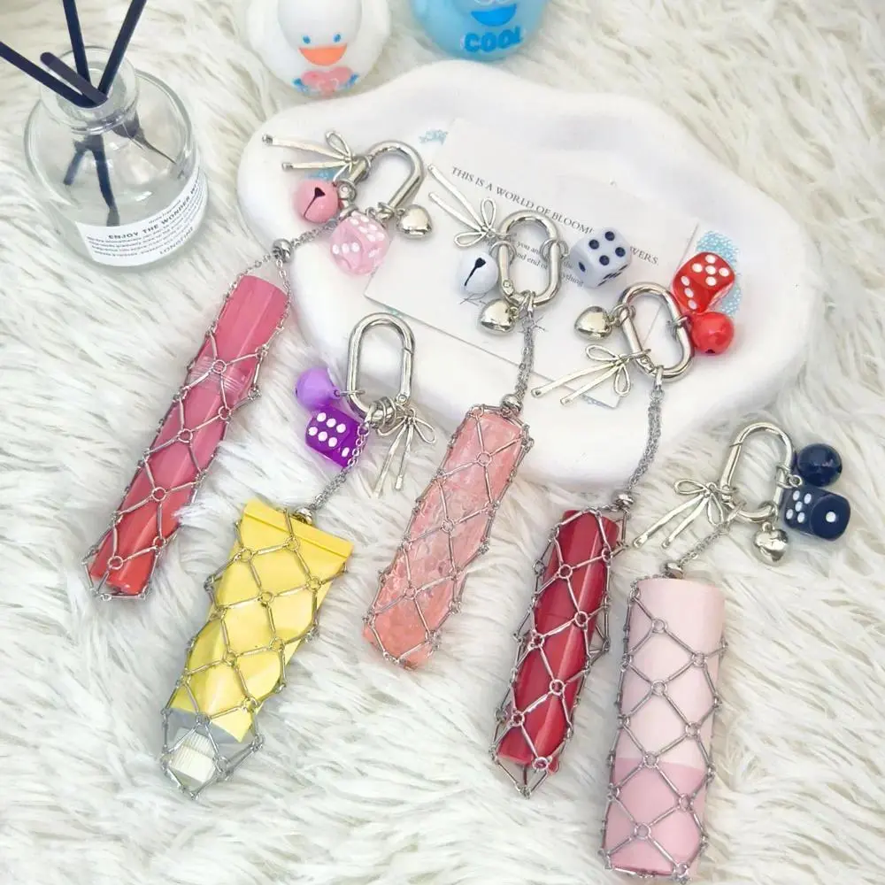 New Metal Net Pocket Lipstick Keychain Pouch Lip Balm Bag Keyring Holder Stainless Steel Color Dice Dopamine Wedding Party Gift