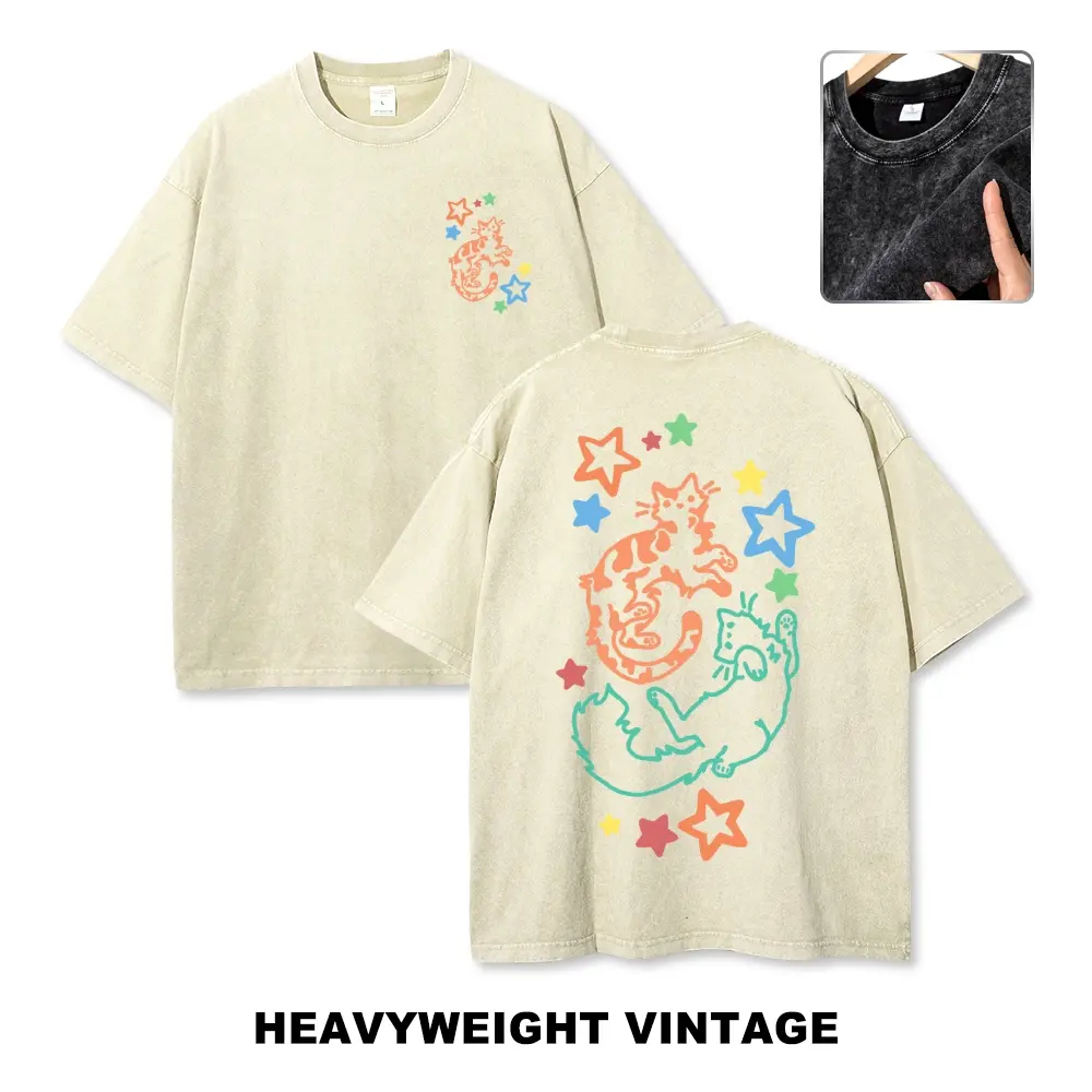 Men's Cotton Oversized T-Shirt - Casual Fit, Short-Sleeve, Round Neck, Washed Retro Line Art Kitten Print, Pre-Shrunken, Unisex Top for Cat Lovers, Multi-Size