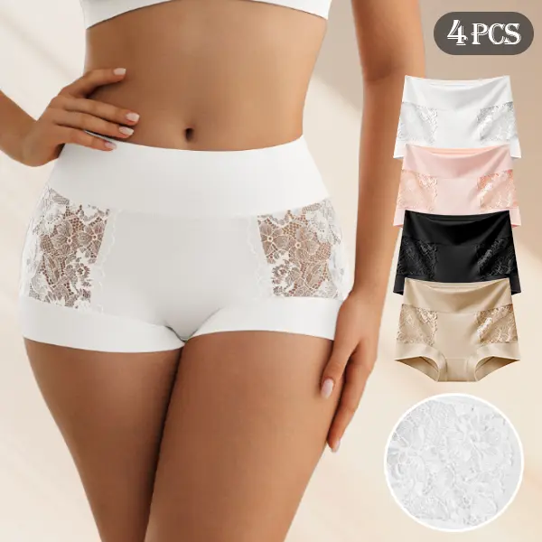 4 Pack Women Mid Rise Lace Splicing Safety Boyshort Panties, Soft Stretchy Anti-Chafing Anti Ride Up Seamless Underwear, Breathable Cool Summer Base Layer Shorts for Dresses Skirts Daily Wear