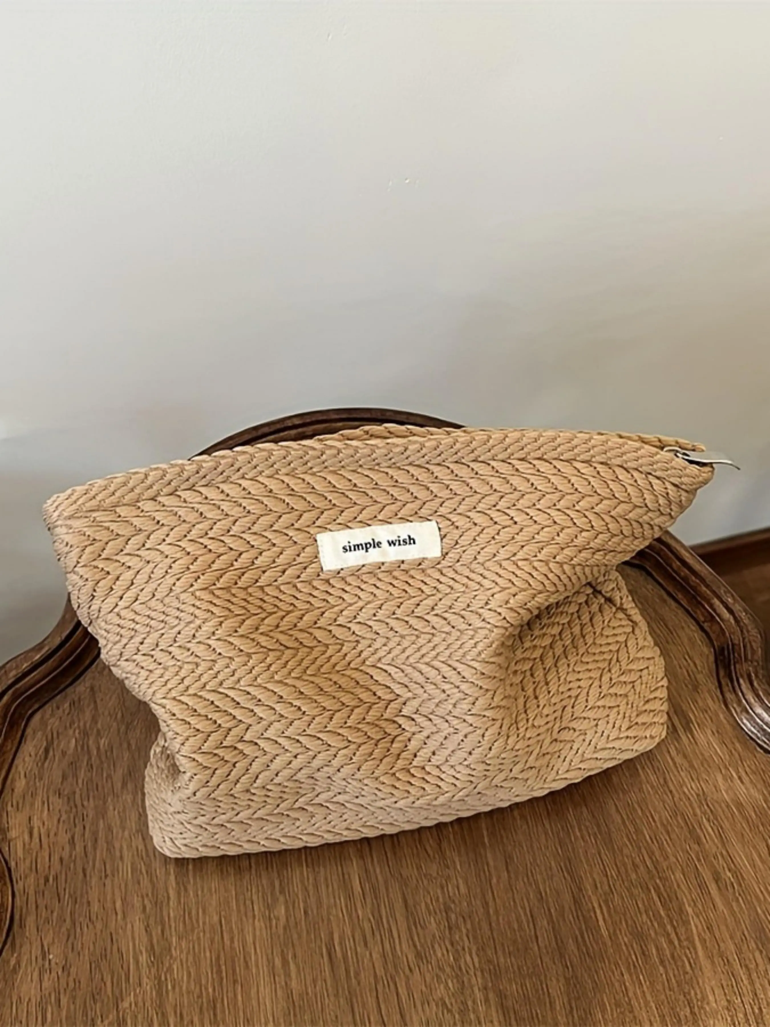 Wheat Ear Textured Woven Zip Makeup Bag, Minimalist Brown Large Capacity Storage Pouch, Solid Fabric Portable Toiletry Bag with Lining, for Skincare, Cosmetics, Stationery, Aesthetic Soft Travel & Daily Carry Pouch
