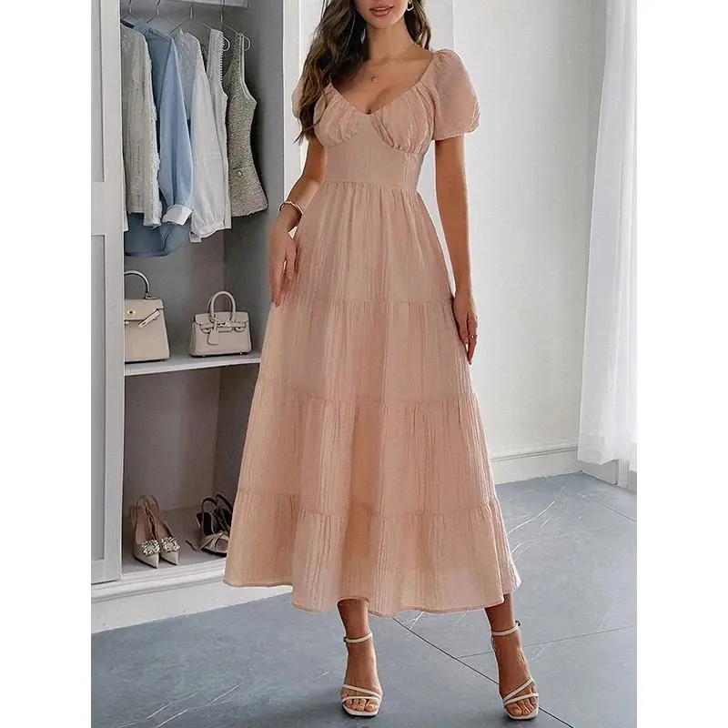 Puff‑Sleeve V‑Neck Solid Color Tiered Midi Dresses, High Waist A‑Line Flowy Ruffled Casual Party Long Dress For Women(The material is on the thinner side and may be slightly sheer.)