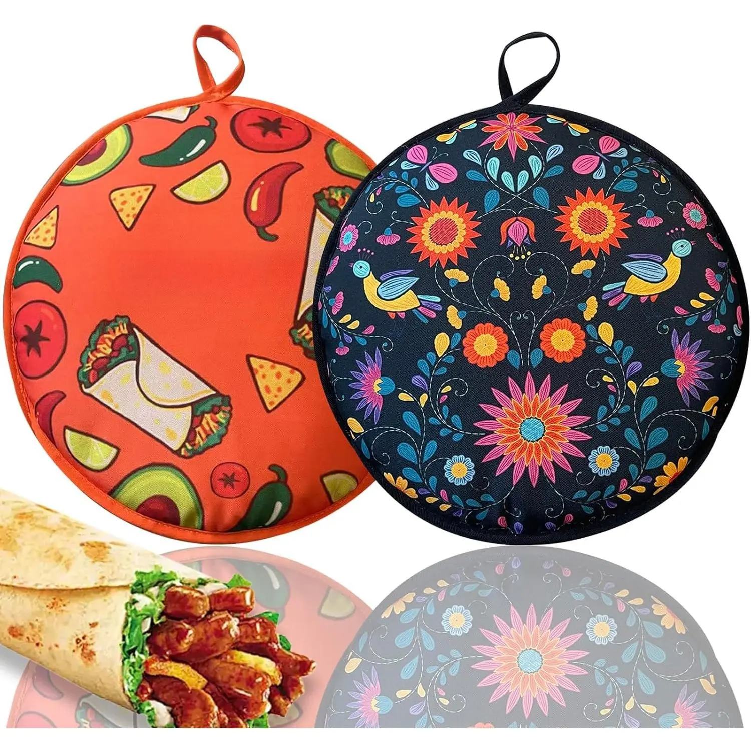 2 PACK Large Tortilla Warmers,  Insulated Fabric Pouch Keeps Tacos, Naan, Pizza & Flour Tortillas Cozily Warm, Microwavable & Classic, Ideal for Family Feasts, Orange/Black