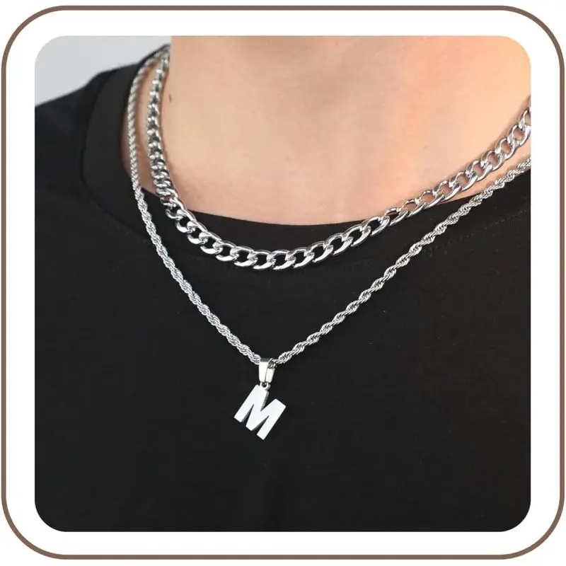 Layered Initial A-Z Letter Necklace for Men Stainless Steel Figaro Twist Rope Chain18-20 inch Personalized Letter Charm Pendant Jewelry Gift for Women