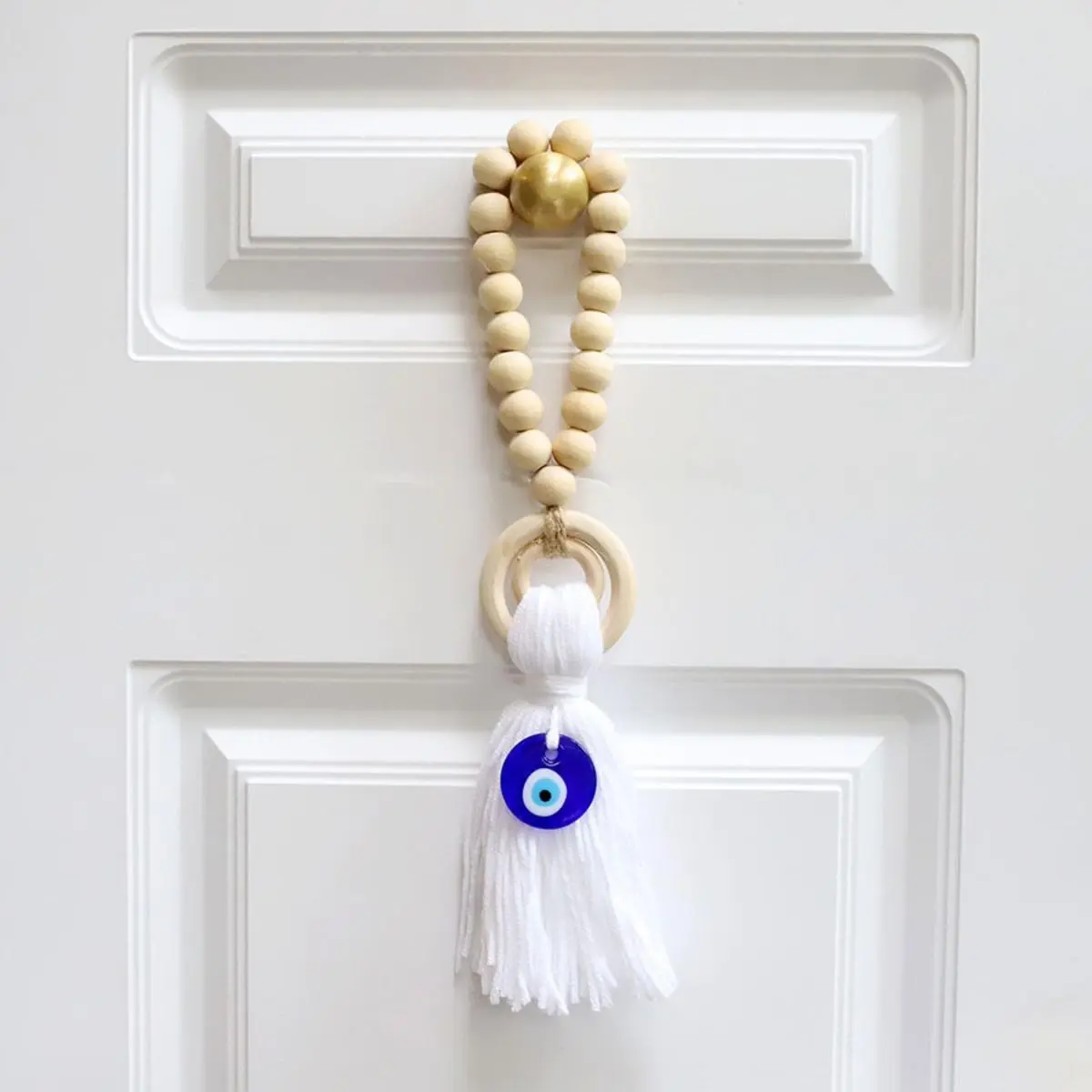 Evil Eye Wood Bead Garland Door Hanger - Boho Tassel Wall Hanging Decor, Nazar Amulet for Home Protection & Good Luck