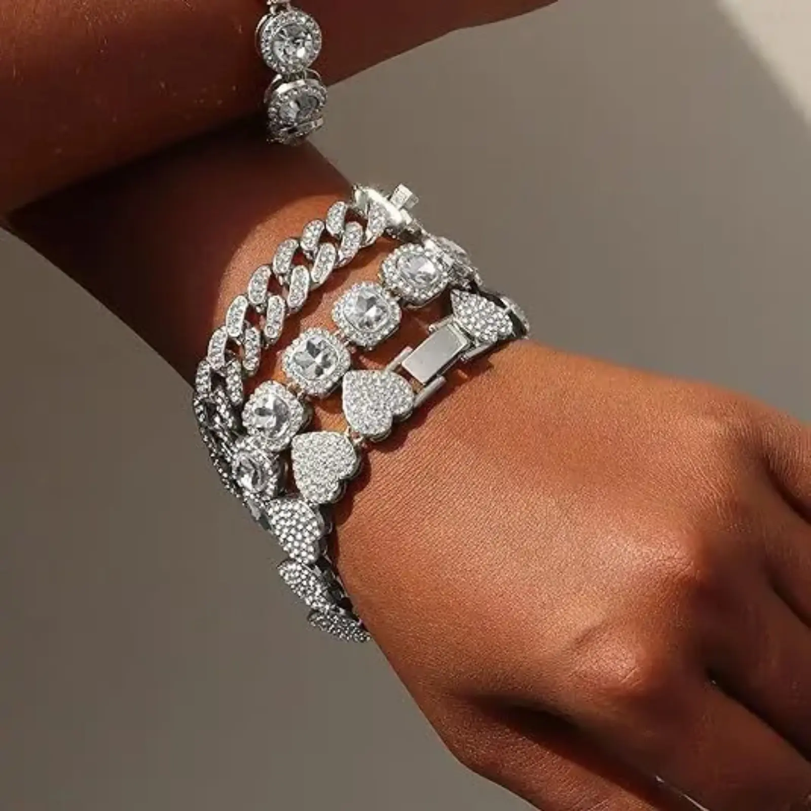 4-Pack Hip Hop Cuban Link Bracelet Set for Men - Full Rhinestone Inlaid Wrist Chains with Round, Square, Heart & Quadrilateral Prism Charms, Trendy Stackable Casual Wear Accessories (TikTok Shop Back to School), Rhinestones