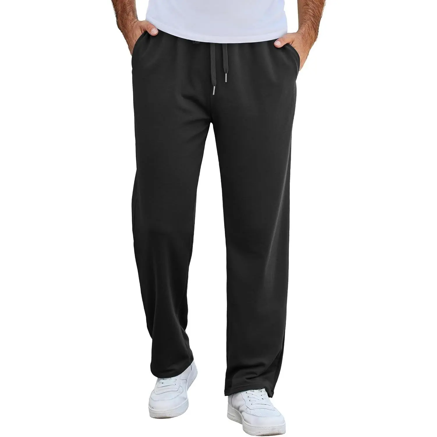 Men's Cotton Loose-Fit Full-Length Joggers - Menswear Open-Bottom Lounge Pants with Pockets, Lightweight Casual Design