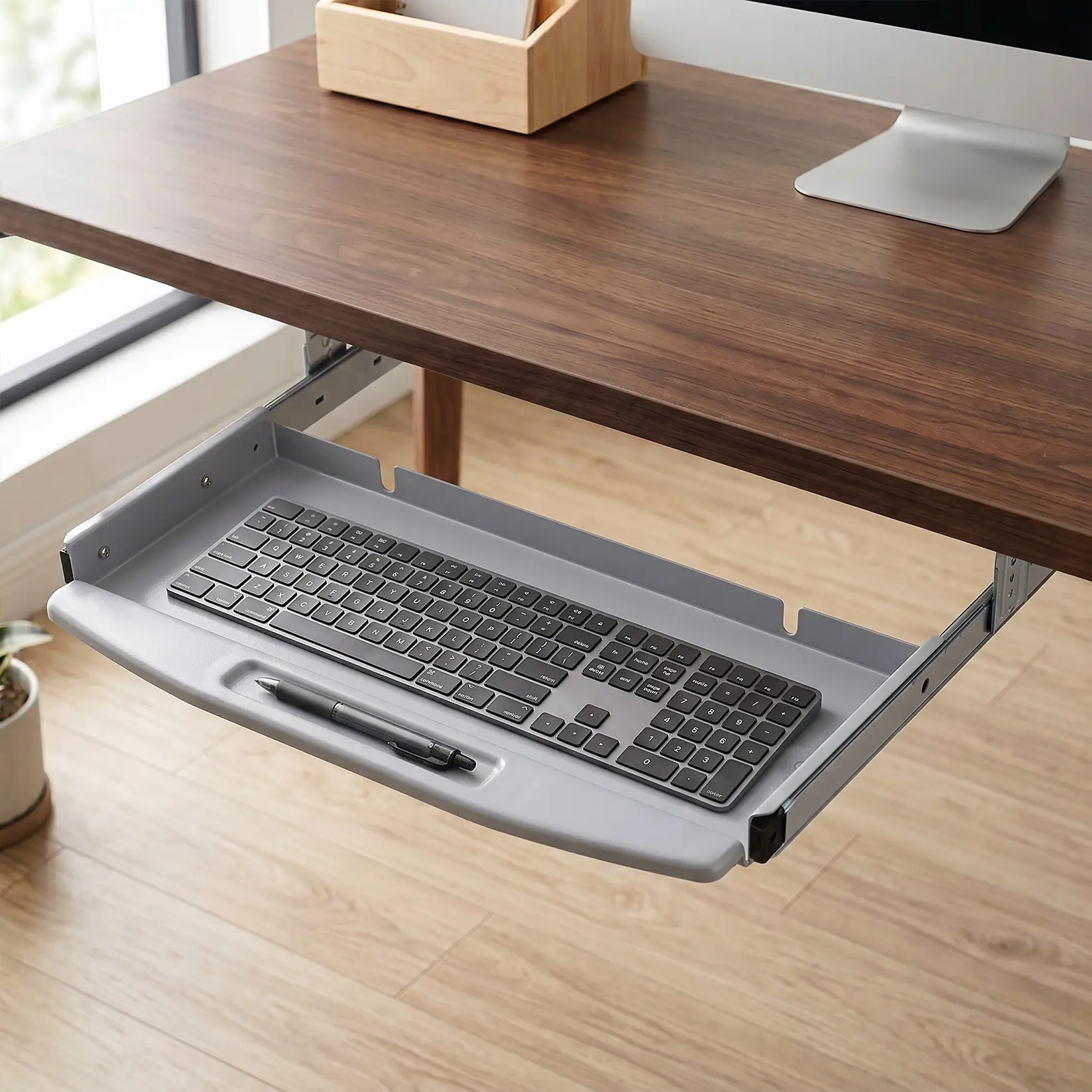 19 in Gray Metal Frame Slide-Out Under Desk Keyboard Tray, Space Saver Organizer for Desktops Over 22" Wide, No Mouse Platform, Slide-Out Tray