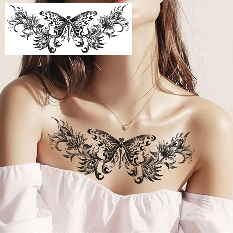 2 Pcs Butterfly Lace Temporary Tattoo Stickers, Waterproof Realistic Design for Shoulders Neck Collarbone, Women Body Art Fake Tattoos