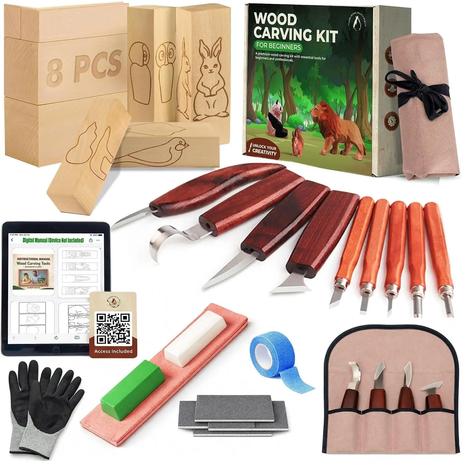 Carving Kit - 29 count Whittling  Set with 9 , Basswood Blocks w/Carved Guides, Safety Gloves, Whetstone, Stropping Leather & Roll Bag -   Tools for Beginner & Professional
