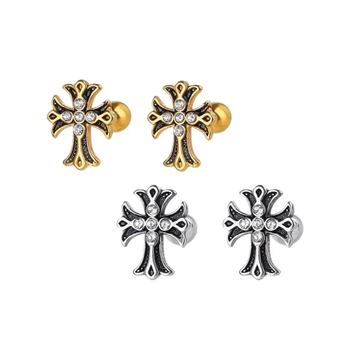 Studded Cross Earrings with Secure Screw-Backs, Unisex Edgy Hip Hop Streetwear Jewelry for Men and Women, Earrings Studs