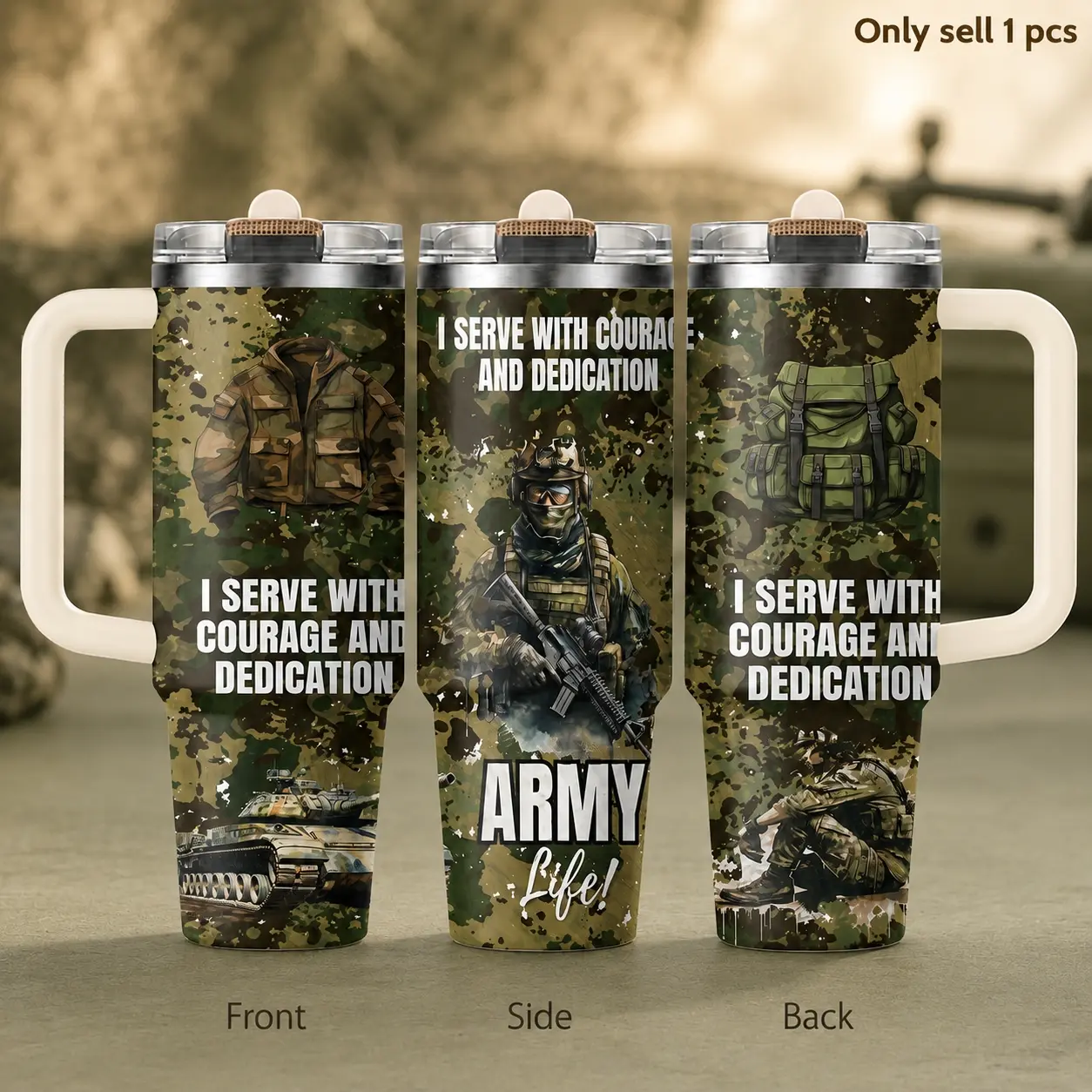 Army Life 40oz Tumbler – Military Pride Stainless Steel Insulated Travel Cup with Handle & Straw Lid for Coffee, Water, Work, Gym, Office, Car, Patriotic Gift for Service Families