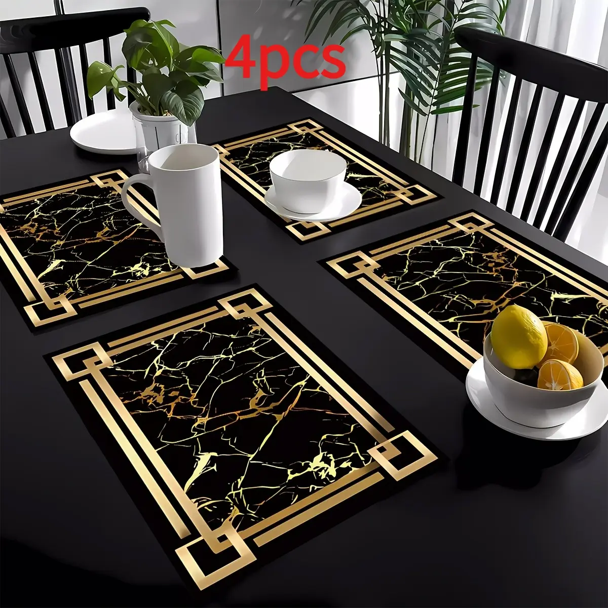 4pcs Black Golden Placemats for Dining Table, Heatproof Non Slip for Kitchen Table Indoor/Outdoor Washable Placemat Dining Table Mats, Heat Resistant Placemat
