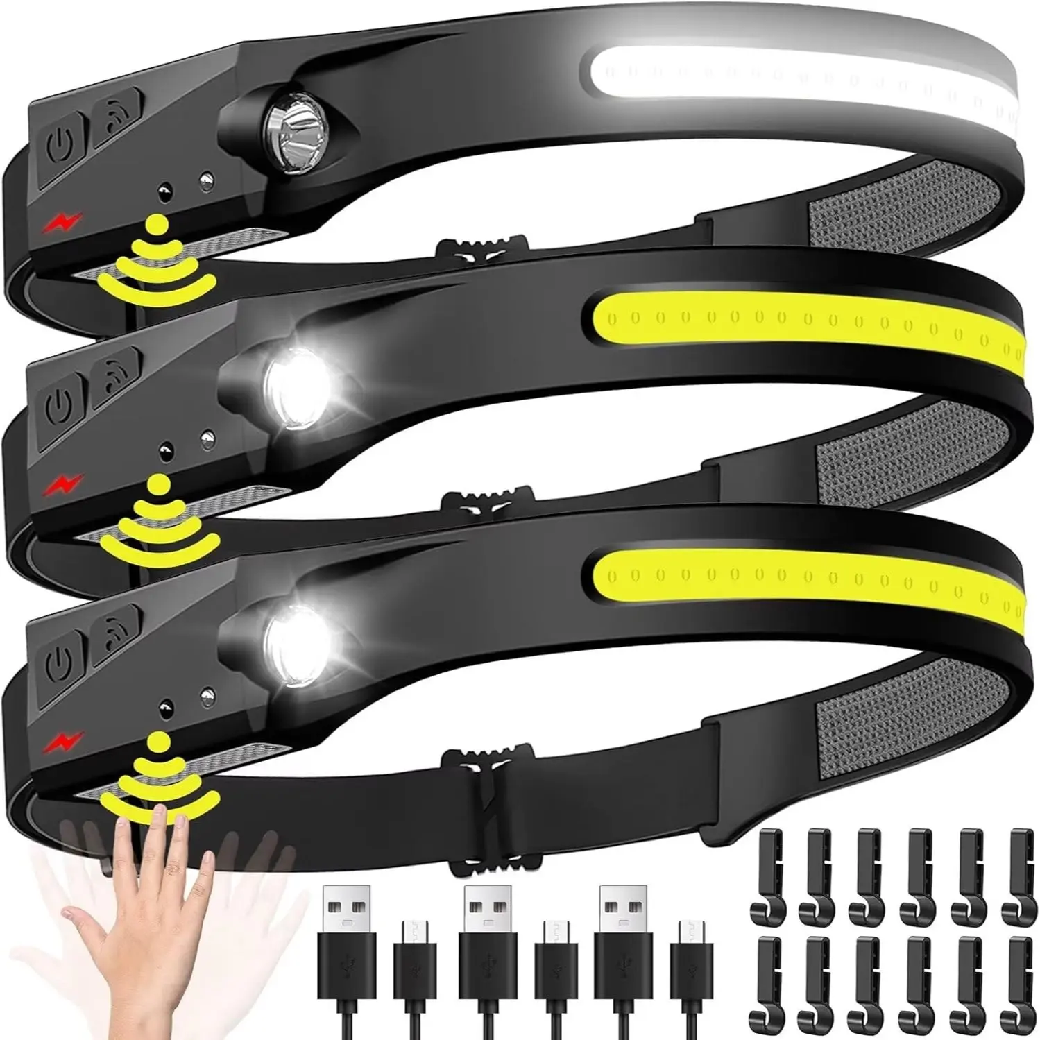 3PCS Rechargeable Headlamp, 230° Wide Beam LED Head Lamp with Motion Sensor for Adults - Waterproof Head Light Flashlight, Flash Lights Battery Powered, Camping Accessories Gear for Hiking, Running, Repairing, Fishing, Cycling