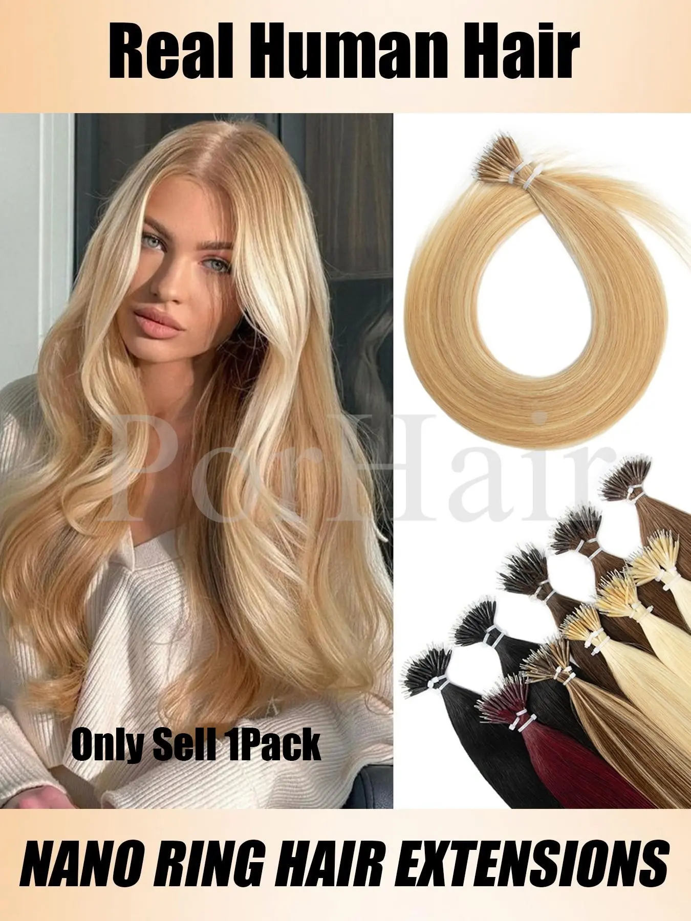 50 Strands/pack Straight Highlights Blonde Nano Rings Hair Extensions, Human Hair Natural Blonde, 30g/pack Micro Nano Beads Ring