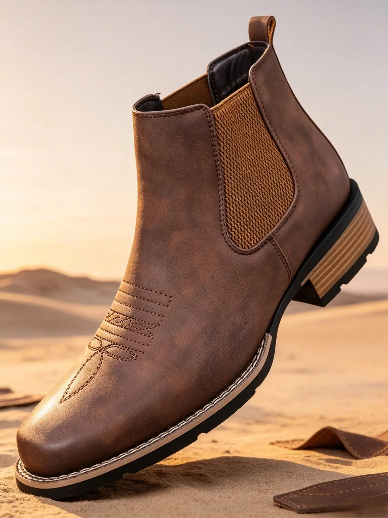 Men's Vintage Embroidered Western Cowboy Chelsea Boots, Square Toe Elastic Cuff Ankle Boot, Casual Outdoor Boot, American Country Trendy Workwear Outdoor Commute