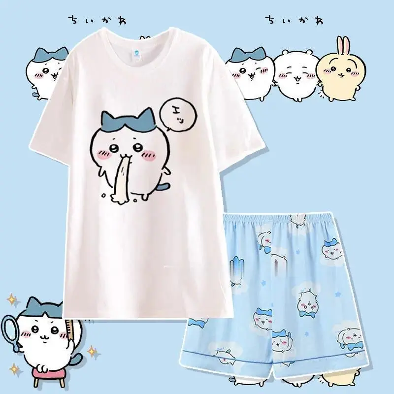 Anime Usag Hachiware Summer thin pajamas round neck Loose long-sleeved shirt and pants Cute cartoon pattern household clothes