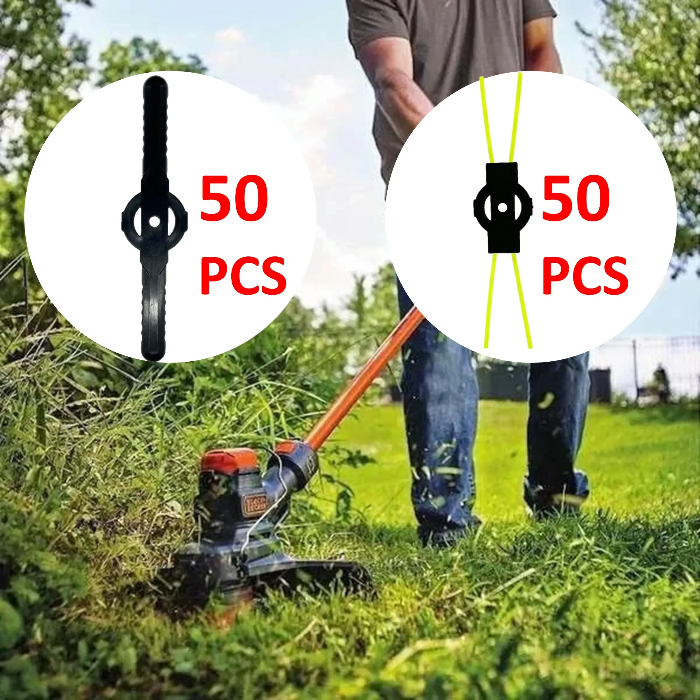 50 Mower Blades & 50 Trimmer Lines - Heavy-Duty Kit for Gas/Electric Mowers, Trimmers & Brush Cutters | Rustproof Steel & Nylon, Sharp Edges for Fast Lawn Care | Easy Install, Saves Time & Money, Ideal for Home, Yard & Commercial