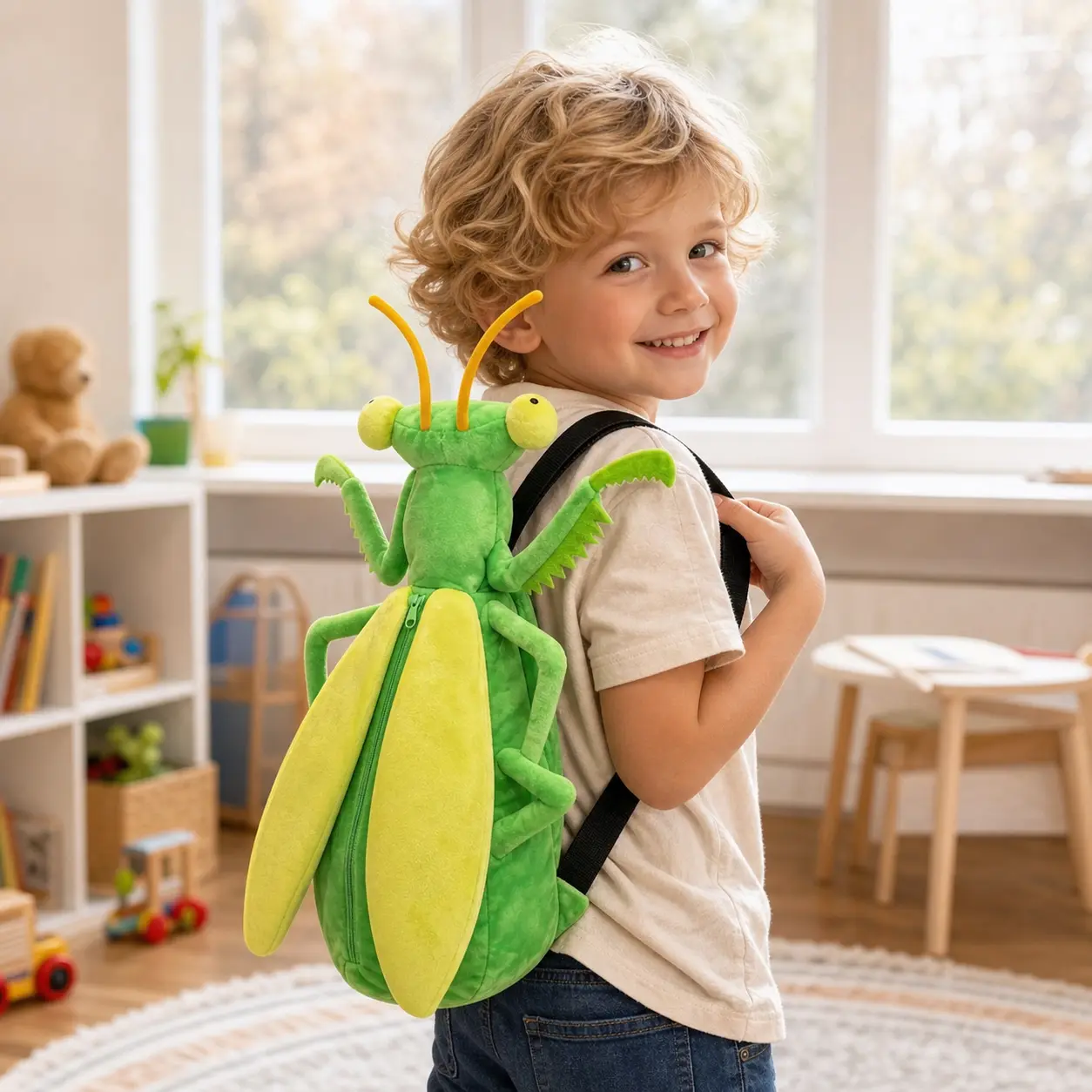 Quirky Praying Mantis Plush Backpack for Girls |     Funny Ugly-Cute Stuffed Animal Bag |     Weirdly Cute Plushie Backpack Photo Prop |     Novelty Gift for Bestie and BFF