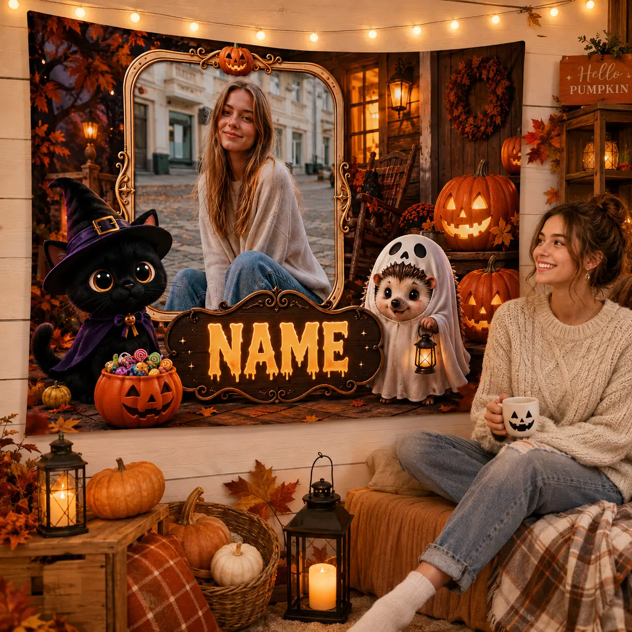 Personalized Halloween Backdrop with Photo & Name, Cute Pumpkin Ghost Autumn Party Decor