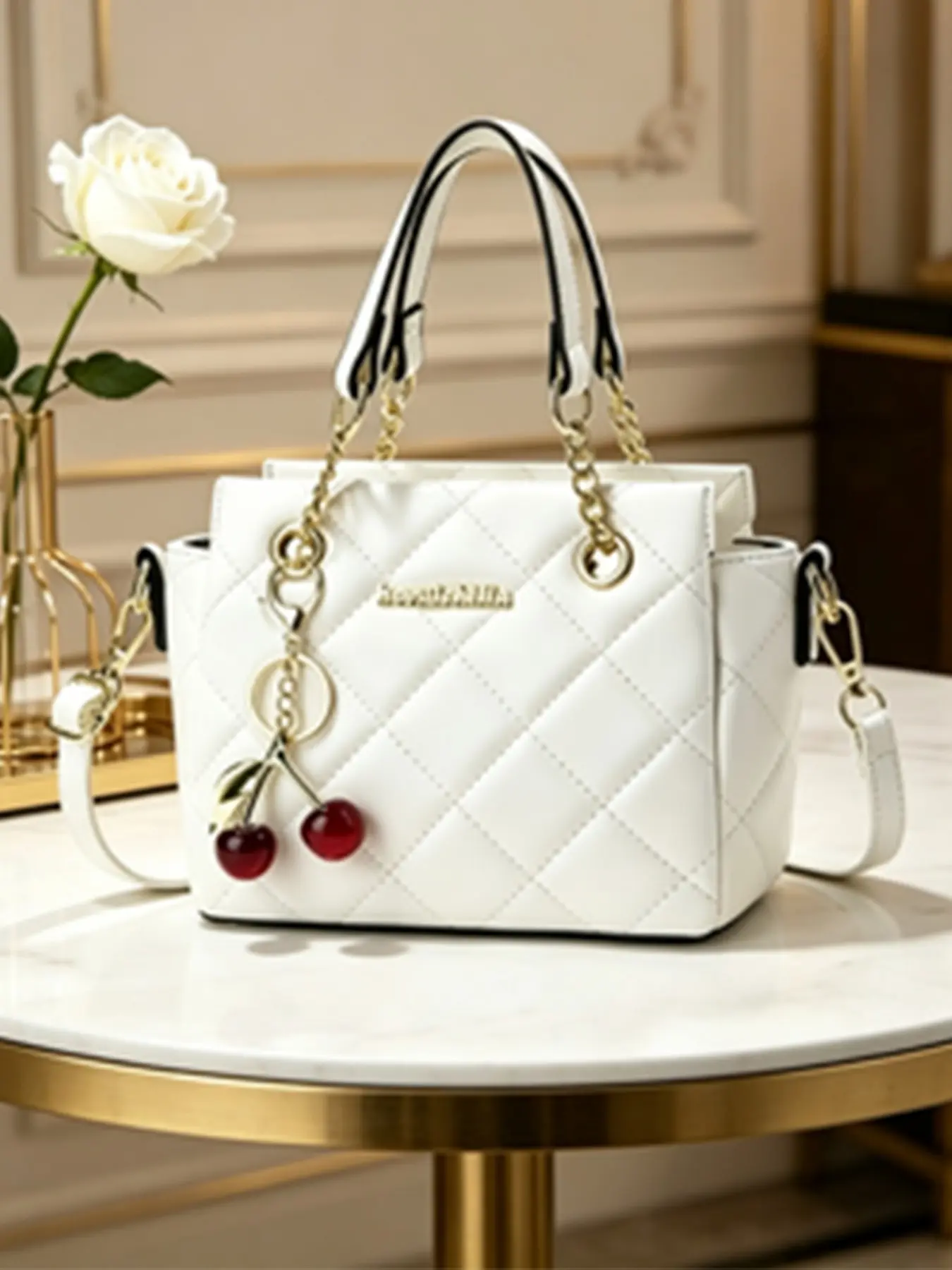 Cherry Charm Crossbody Bag, Quilted Crossbody Bag, Elegant Houndstooth Pattern, Versatile Daily Carryall, Chic Women's Handbag for Street Style