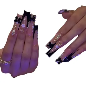24-Piece Press-On Artificial Nails, Elegant Black Diamond-Studded French Rectangular Design, Sports & Outdoor Protective Gear Accessory Ideal for Birthdays, Graduation Parties, Press On Nails