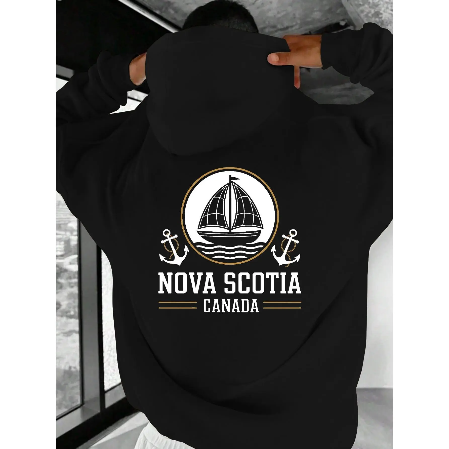Men'S Plus Size Canada Sailboat Graphic Hoodie Green Casual Loose Fit with White Anchors Long Sleeve Non-Stretch Fabric Outdoor Activities Plus Size