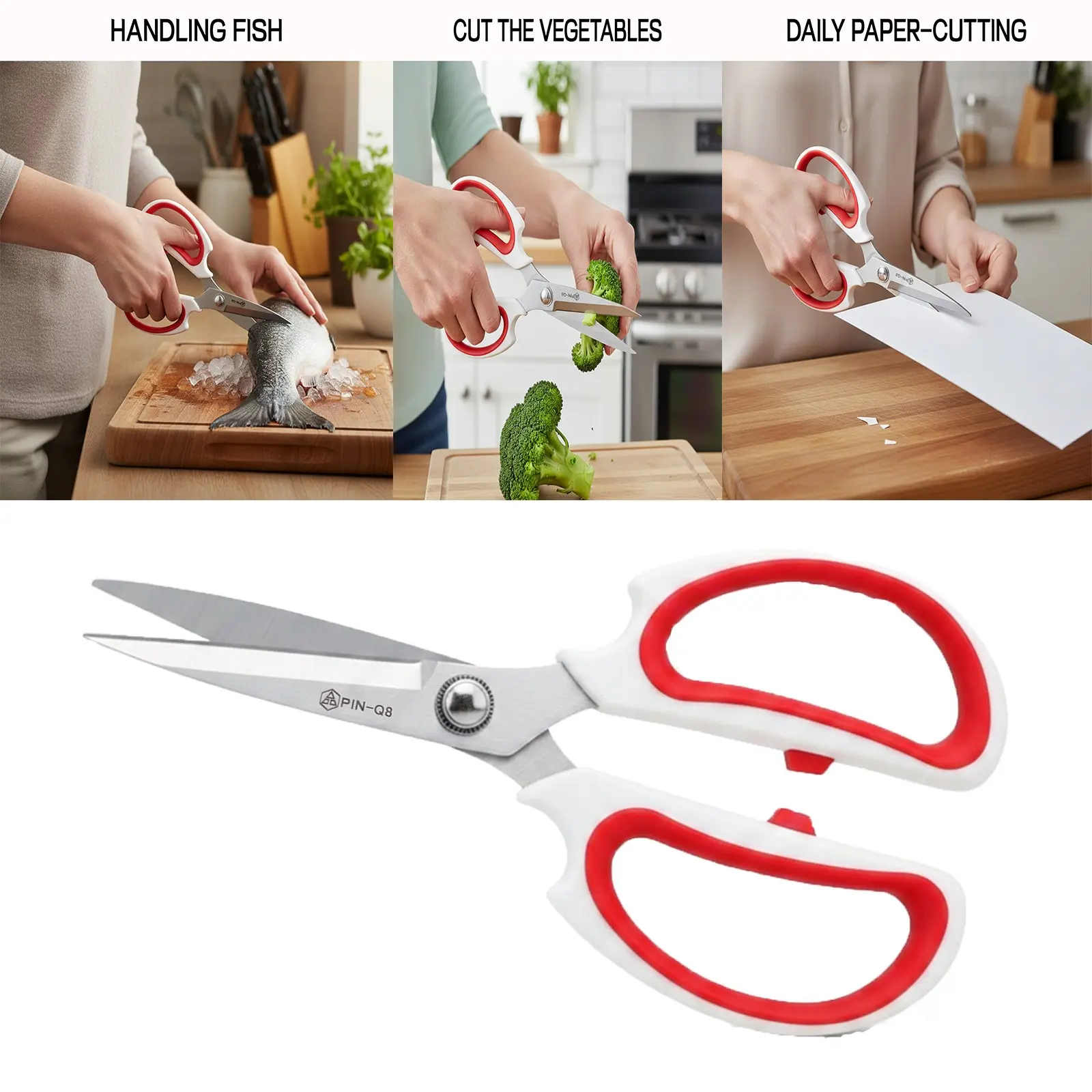 PIN-Q8 Heavy Duty Multi Purpose Kitchen Scissors, Sharp Stainless Steel Household Shears for Fish, Vegetables, Paper, Craft & Sewing Cutting