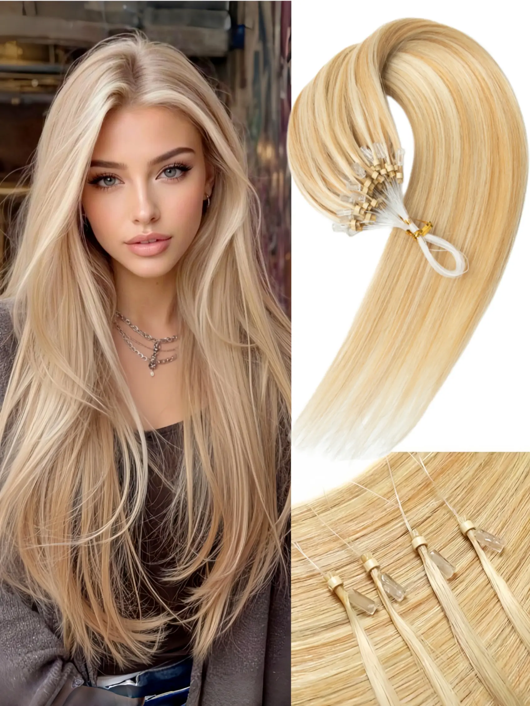 Natural Micro Loop Human Hair Extensions, Real Human Hair Brazilian Micro Link Hair Extensions for Women, Easy to Use and Natural Look