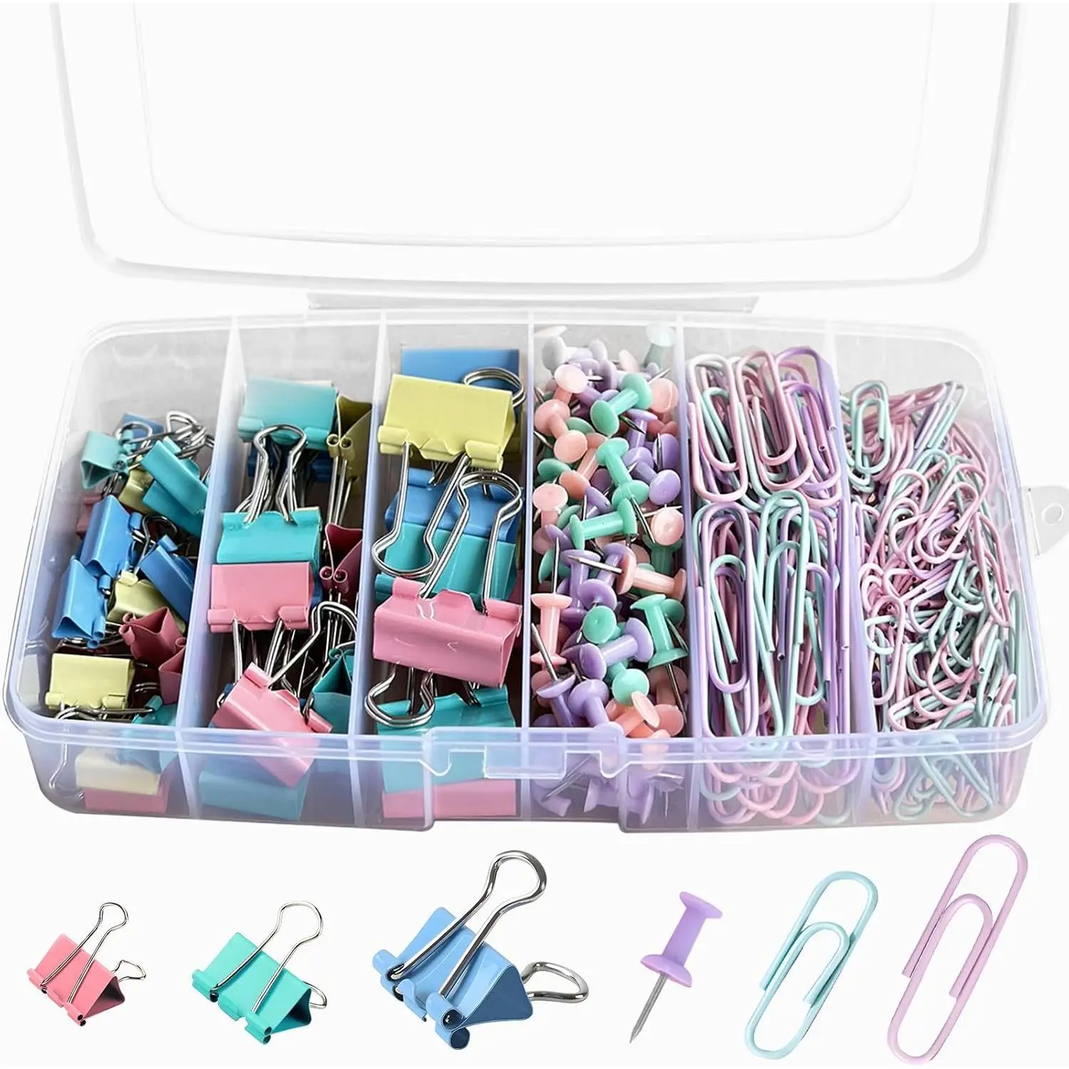 Synthetic Binding Tools Set - 300-Count Multicolor Paper Clips, Binder Clips, Push Pins (Small, Medium, Large Sizes) - Office Stationery Kit for Paper Work