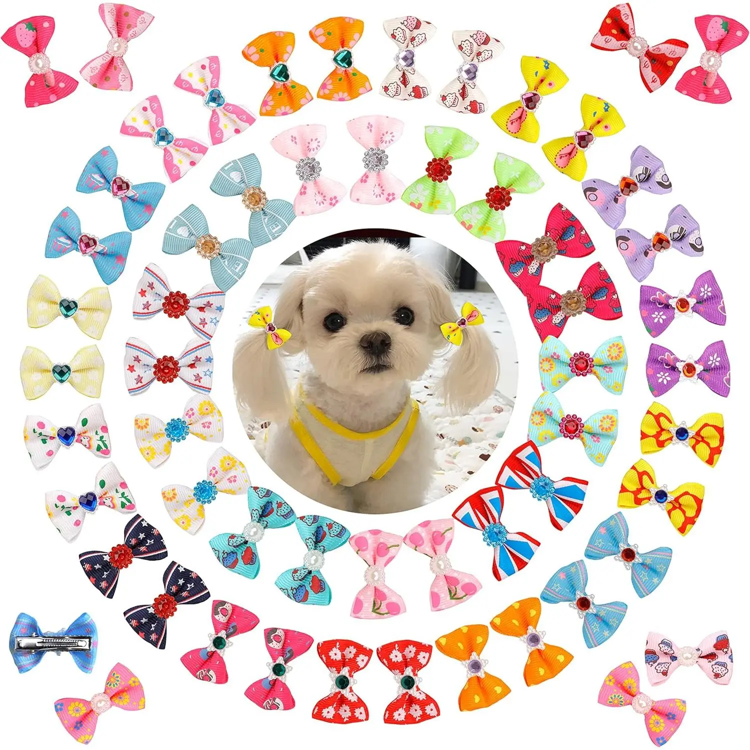 60 count Puppy Dogs Hair Barrettes Bows with Metal Clips,Rhinestone Tiny Christmas Bowknot Hair Bows Hair Topknot Hair Clips for Cat Puppy Party Birthday,Handmade Hair Accessories Pet Grooming
